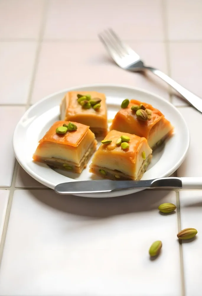 Four Pieces Of Baklava On A White Plate Garnished With Chopped Pistachios With A Fork In The Background On A Tiled Surface 15 56a5