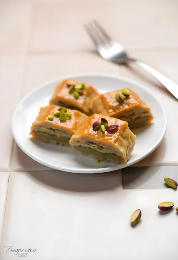 Four Pieces Of Baklava On A White Plate Garnished With Chopped Pistachios With A Fork In The Background On A Tiled Surface 16 9333