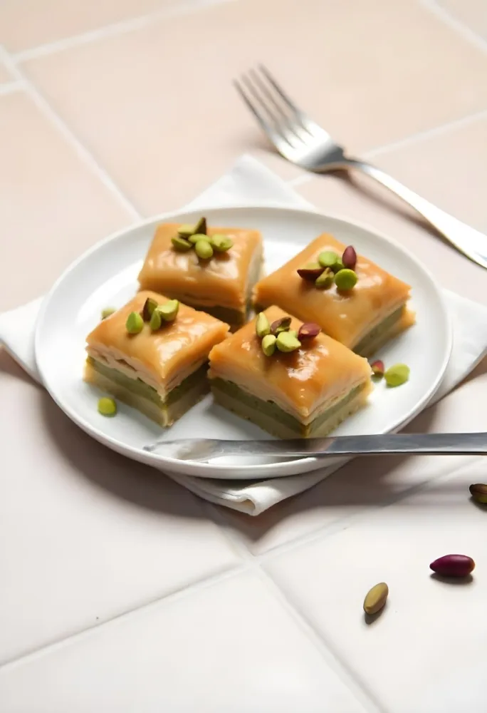 Four Pieces Of Baklava On A White Plate Garnished With Chopped Pistachios With A Fork In The Background On A Tiled Surface 18 18ad