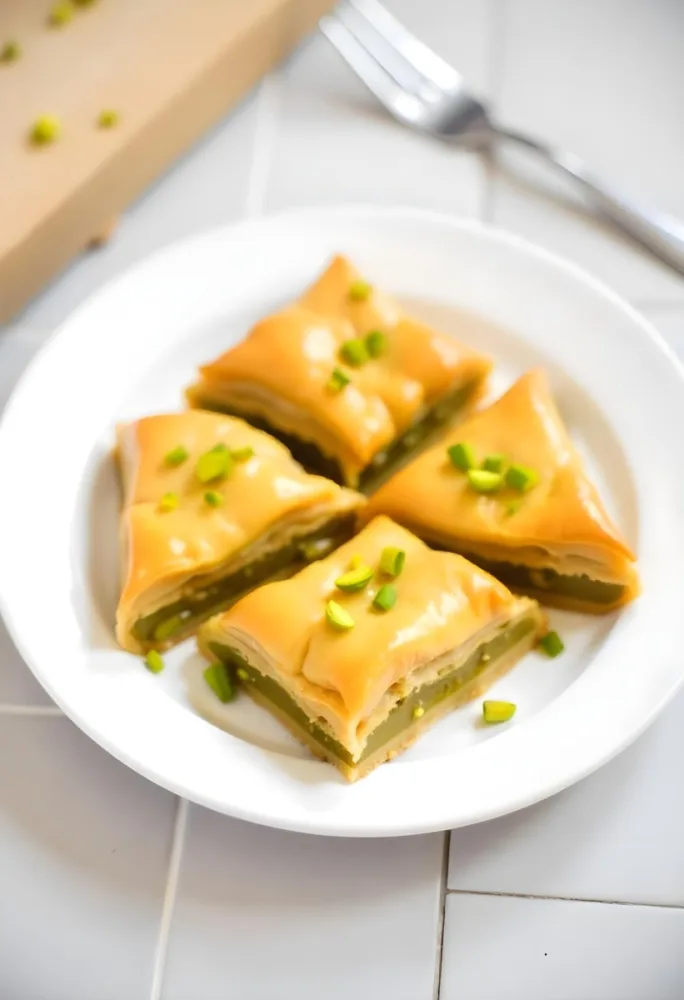 Four Pieces Of Baklava On A White Plate Garnished With Chopped Pistachios With A Fork In The Background On A Tiled Surface 2 322e