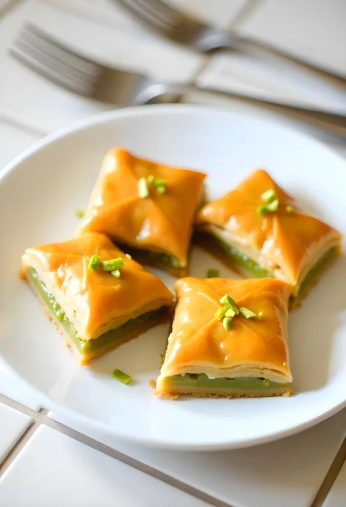 Four Pieces Of Baklava On A White Plate Garnished With Chopped Pistachios With A Fork In The Background On A Tiled Surface 3 58ce