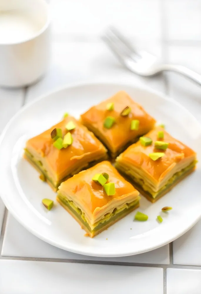 Four Pieces Of Baklava On A White Plate Garnished With Chopped Pistachios With A Fork In The Background On A Tiled Surface 4 B0c0