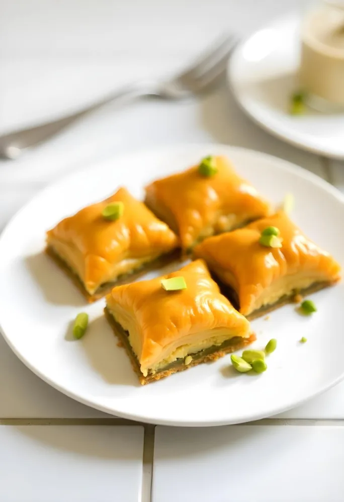 Four Pieces Of Baklava On A White Plate Garnished With Chopped Pistachios With A Fork In The Background On A Tiled Surface 5 Da3f