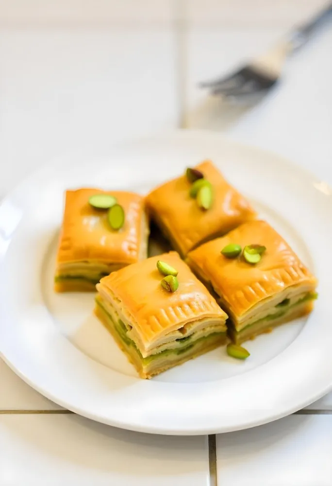 Four Pieces Of Baklava On A White Plate Garnished With Chopped Pistachios With A Fork In The Background On A Tiled Surface 6 36dc