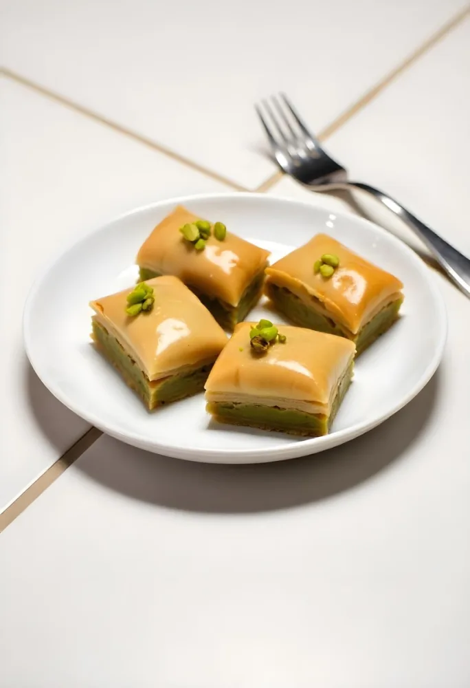 Four Pieces Of Baklava On A White Plate Garnished With Chopped Pistachios With A Fork In The Background On A Tiled Surface 8 8619