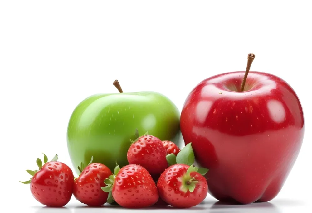 Green Apple Red Apple And Strawberries On A White Background 4 97e0