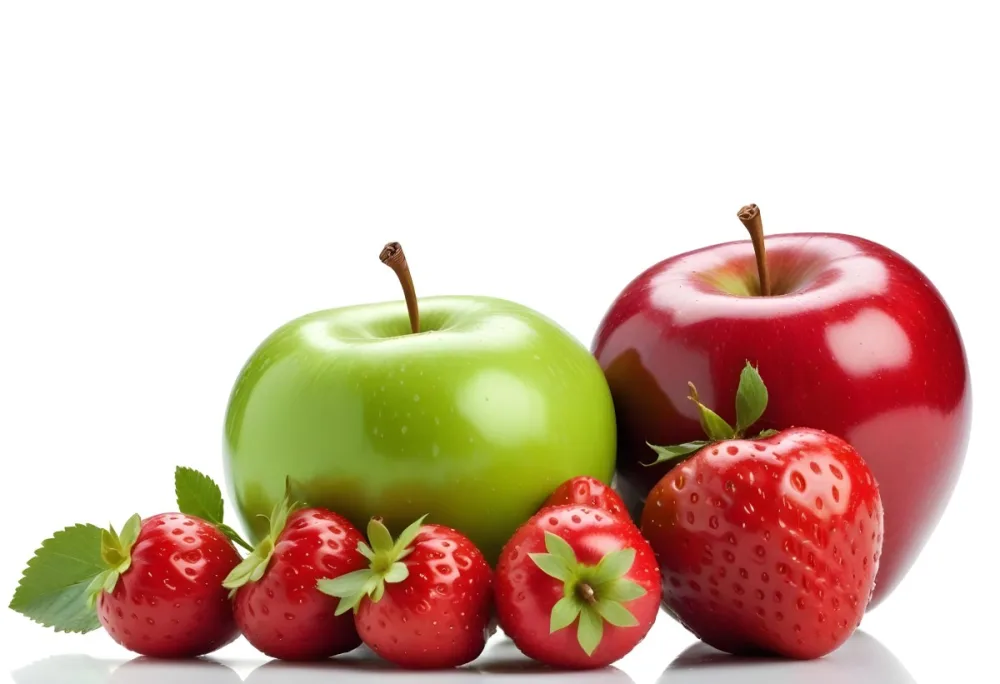 Green Apple Red Apple And Strawberries On A White Background 6 7df4