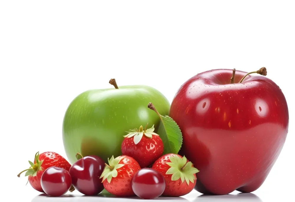 Green Apple Red Apple And Strawberries On A White Background 7 D94e