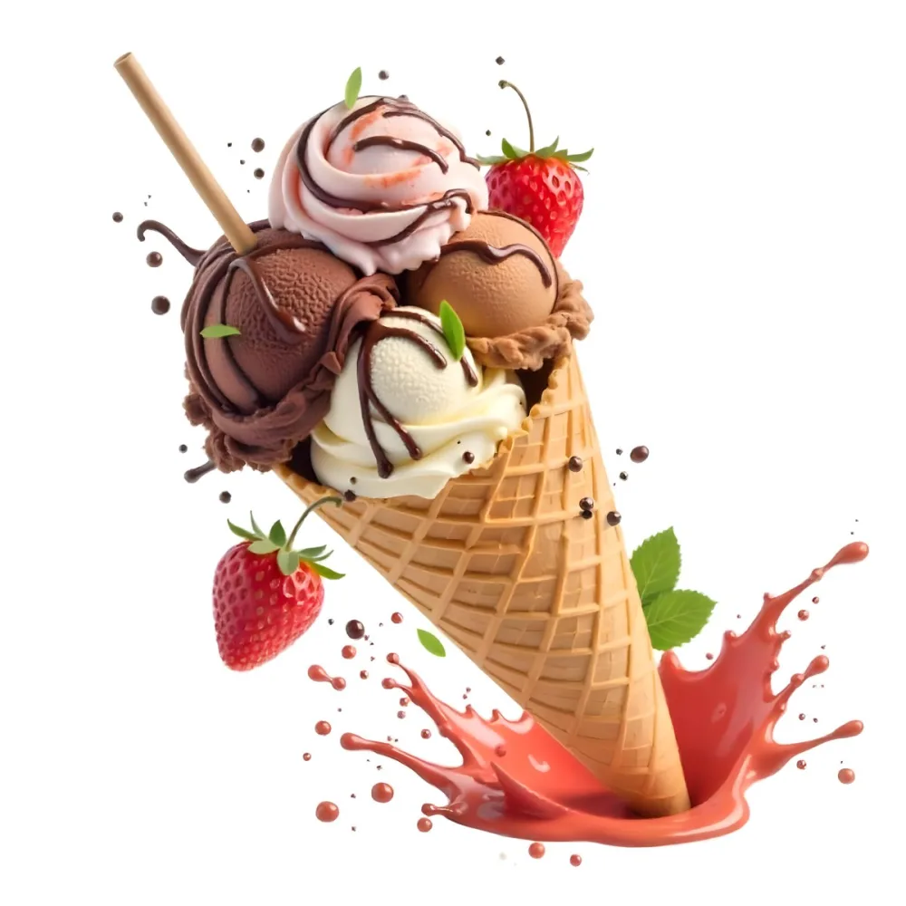 Ice Cream Cone With Chocolate Vanilla And Vanilla Flavors Waffle Stick Strawberry Syrup Splash White Background 6 9613