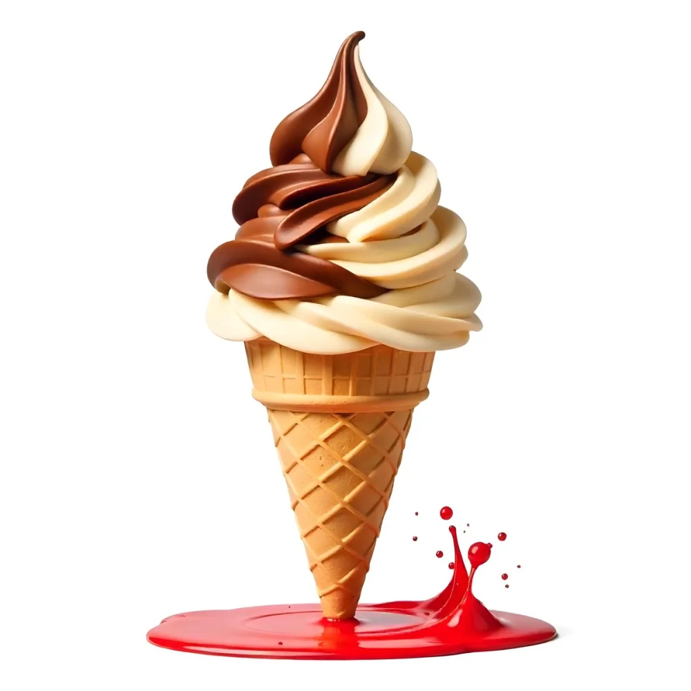 Ice Cream Cone With Chocolate Vanilla And Vanilla Flavors Waffle Stick Strawberry Syrup Splash White Background 7 0f7f