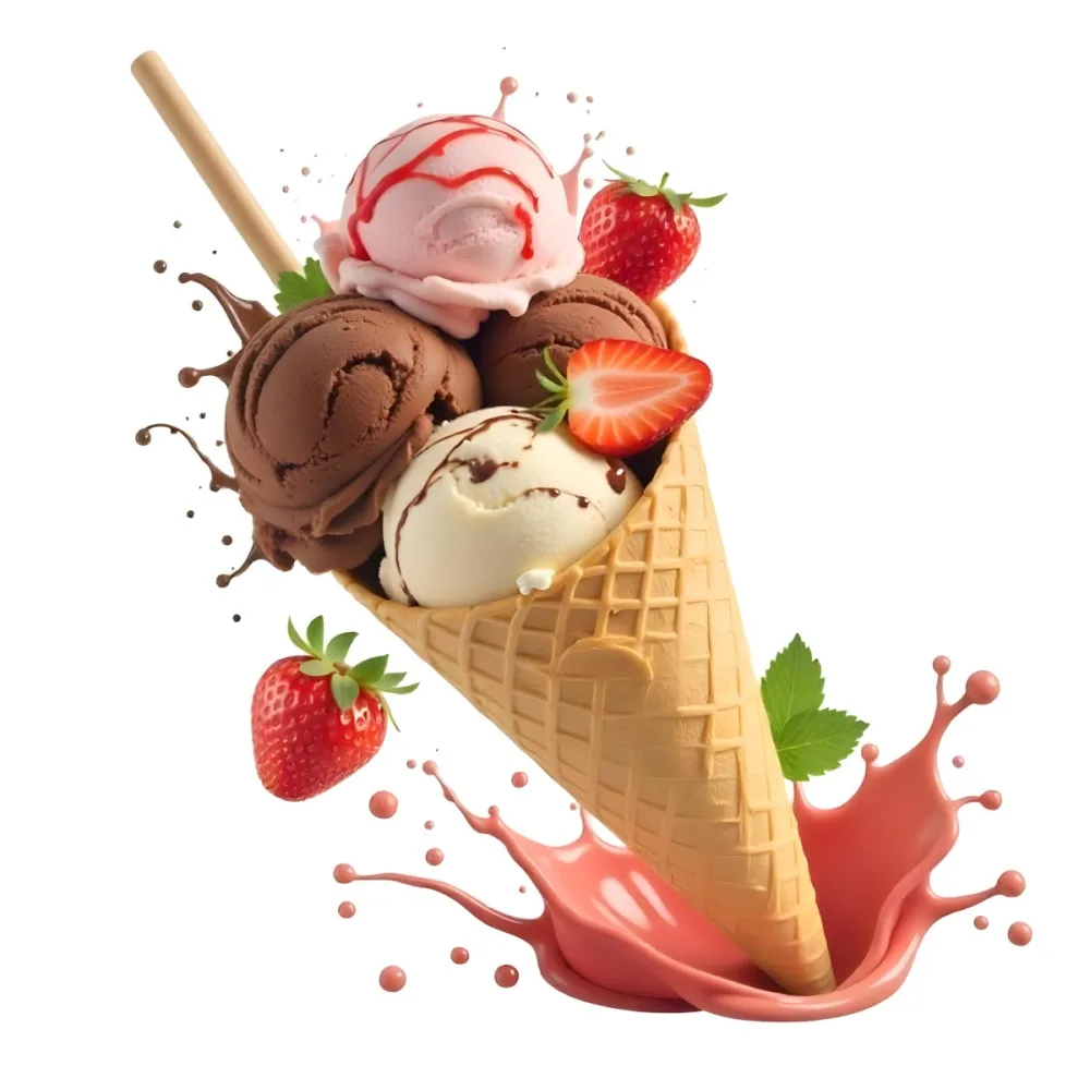 Ice Cream Cone With Chocolate Vanilla And Vanilla Flavors Waffle Stick Strawberry Syrup Splash White Background 8 0976