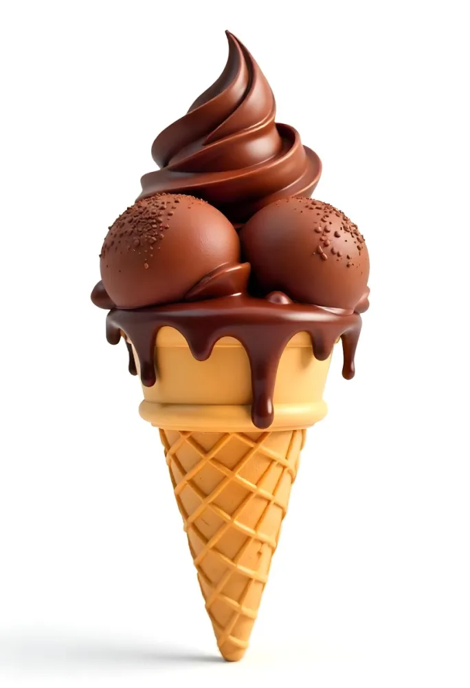 Ice Cream Cone With Three Scoops Of Chocolate Ice Cream Chocolate Syrup Dripping Down The Sides Waffle Cone White Background 1 E64b