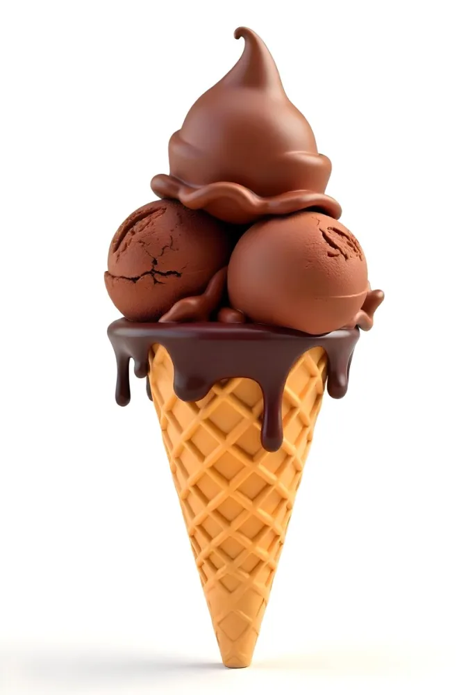 Ice Cream Cone With Three Scoops Of Chocolate Ice Cream Chocolate Syrup Dripping Down The Sides Waffle Cone White Background 15 914d