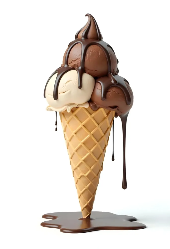Ice Cream Cone With Three Scoops Of Chocolate Ice Cream Chocolate Syrup Dripping Down The Sides Waffle Cone White Background 19 4ca9