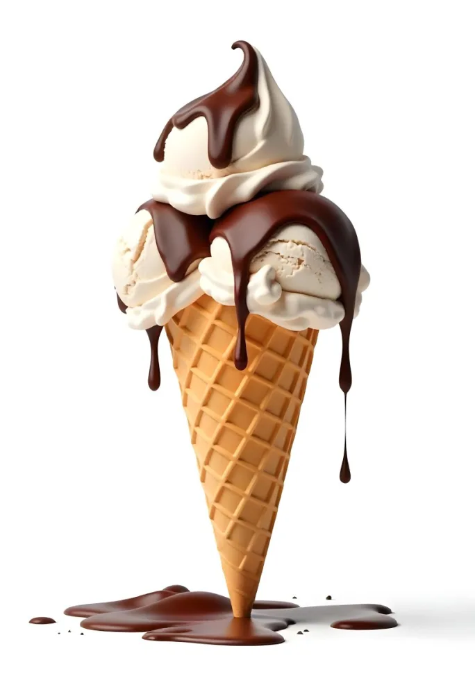 Ice Cream Cone With Three Scoops Of Chocolate Ice Cream Chocolate Syrup Dripping Down The Sides Waffle Cone White Background 23 85b1