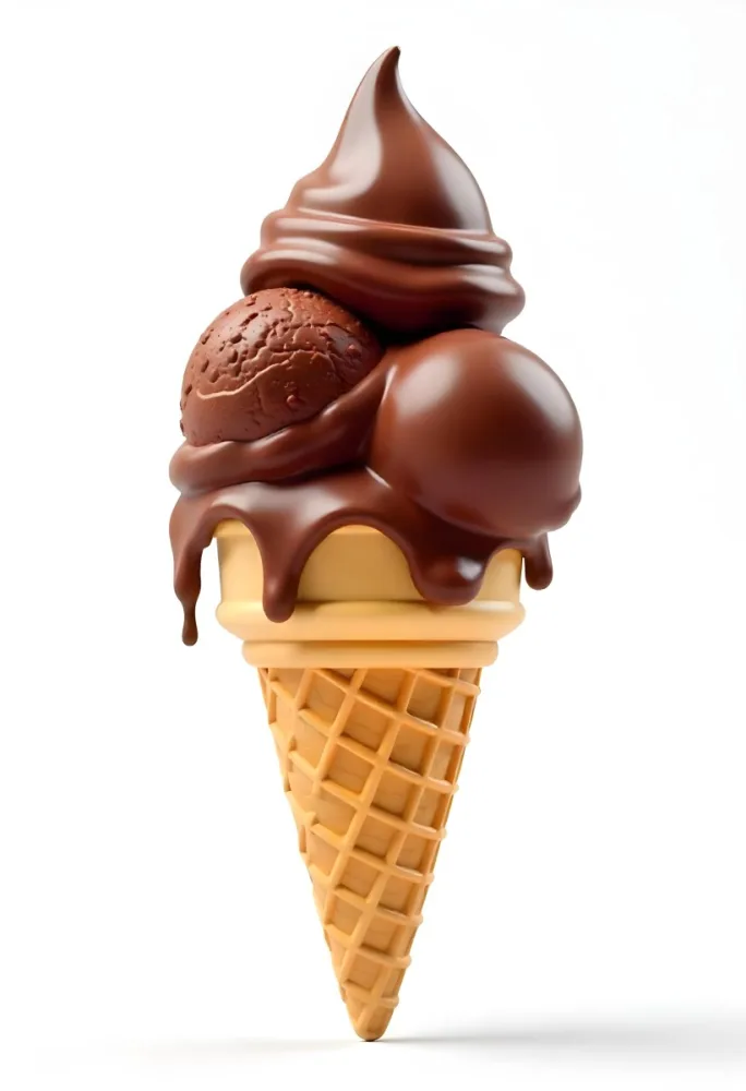 Ice Cream Cone With Three Scoops Of Chocolate Ice Cream Chocolate Syrup Dripping Down The Sides Waffle Cone White Background 27 F63b