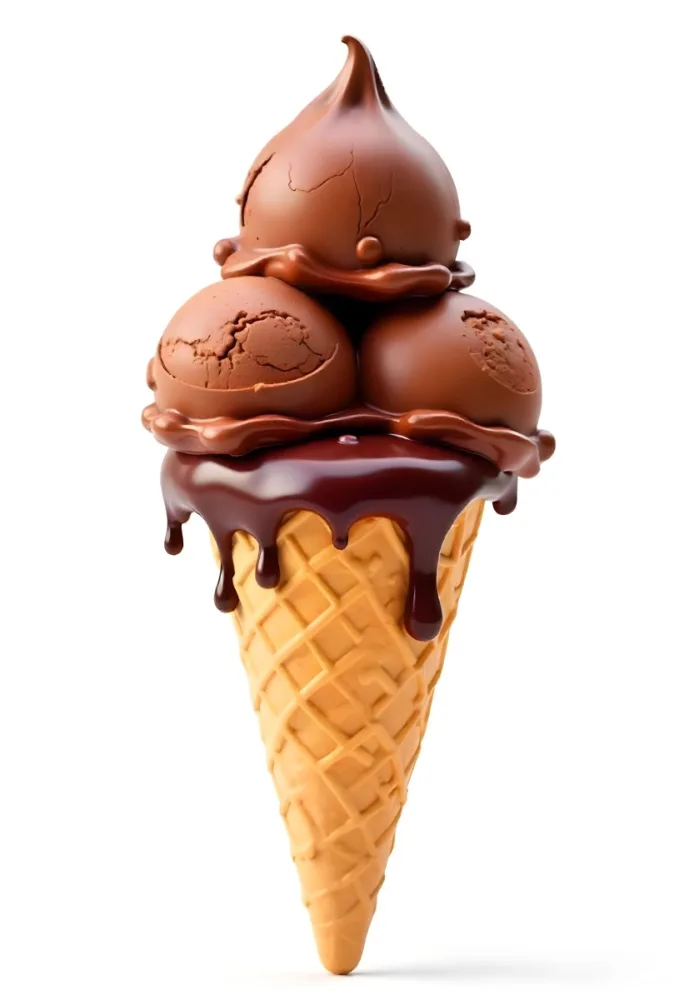 Ice Cream Cone With Three Scoops Of Chocolate Ice Cream Chocolate Syrup Dripping Down The Sides Waffle Cone White Background 34 37ab