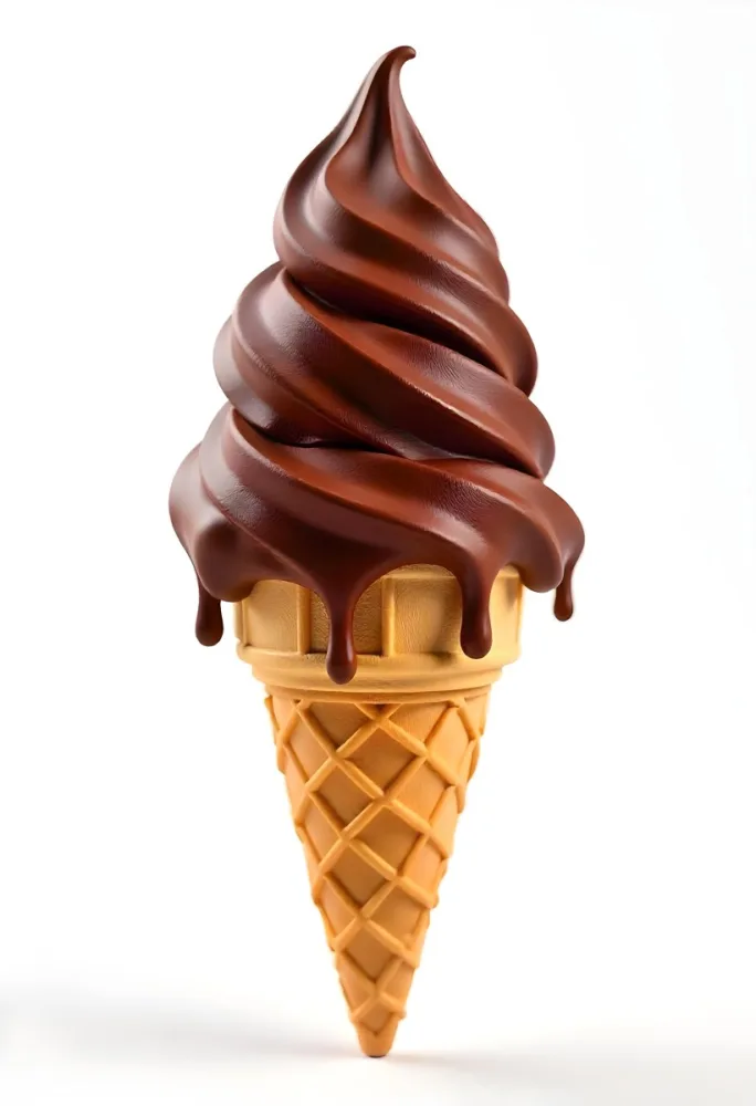 Ice Cream Cone With Three Scoops Of Chocolate Ice Cream Chocolate Syrup Dripping Down The Sides Waffle Cone White Background 35 873a