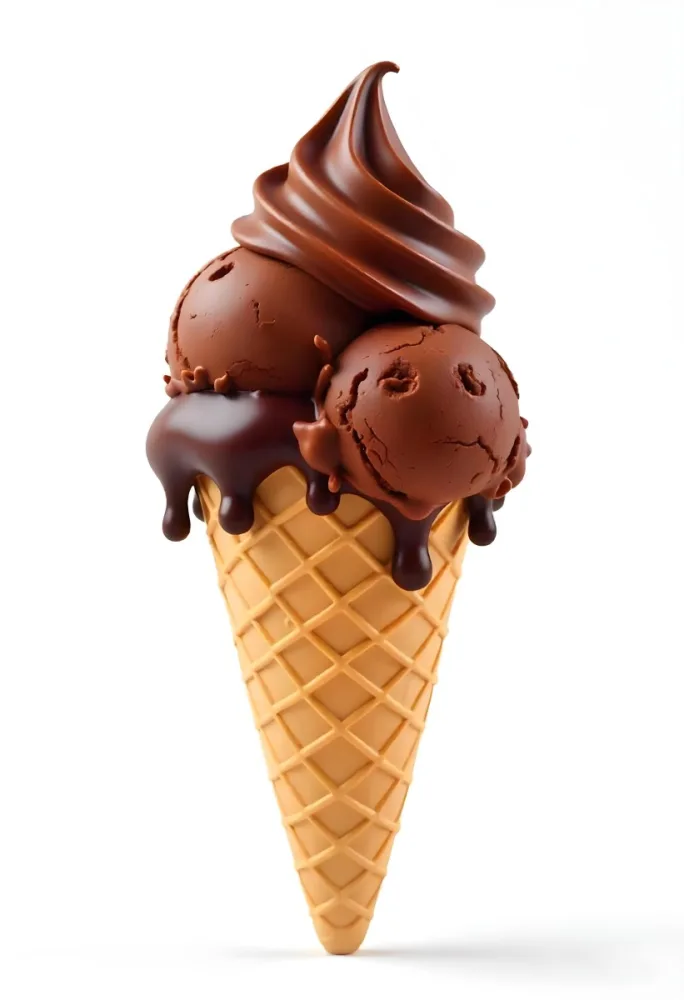 Ice Cream Cone With Three Scoops Of Chocolate Ice Cream Chocolate Syrup Dripping Down The Sides Waffle Cone White Background 36 8c57