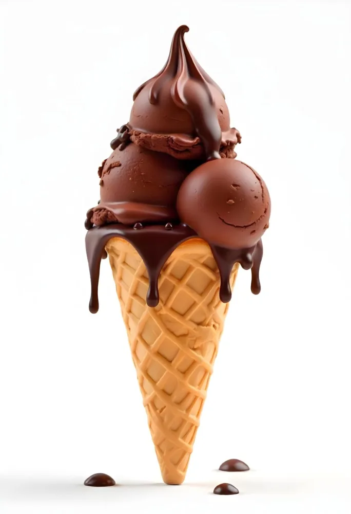 Ice Cream Cone With Three Scoops Of Chocolate Ice Cream Chocolate Syrup Dripping Down The Sides Waffle Cone White Background 37 991b