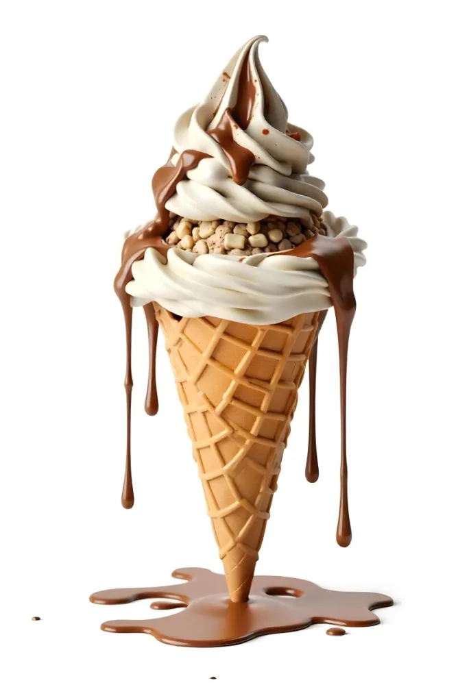 Ice Cream Cone With Three Scoops Of Chocolate Ice Cream Chocolate Syrup Dripping Down The Sides Waffle Cone White Background 5 E226