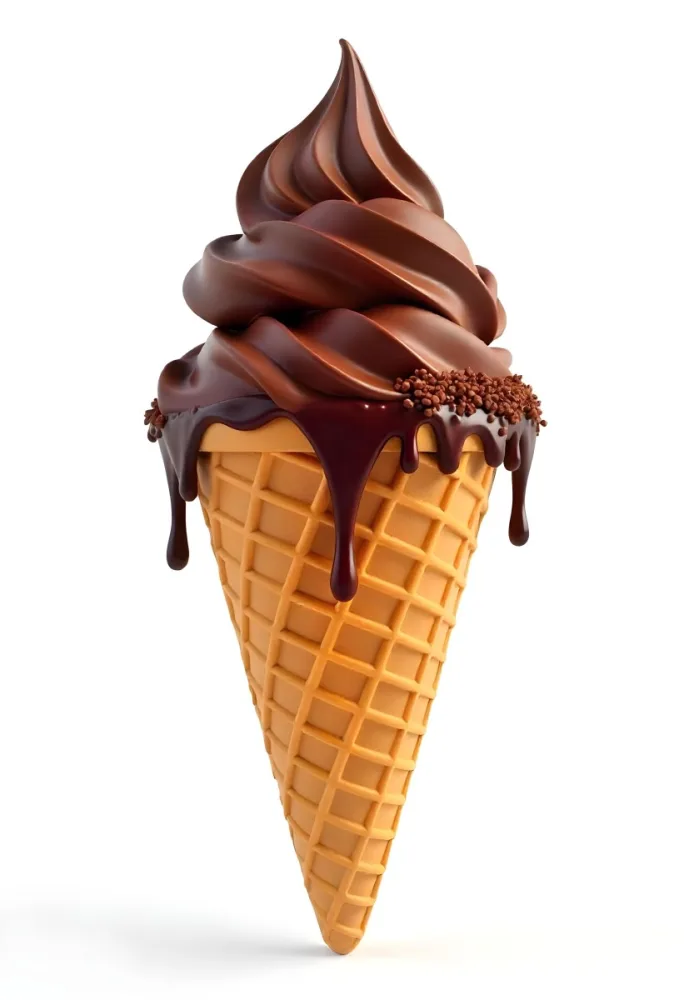 Ice Cream Cone With Three Scoops Of Chocolate Ice Cream Chocolate Syrup Dripping Down The Sides Waffle Cone White Background 6 616f
