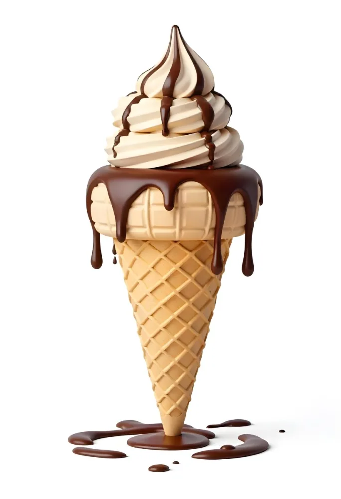 Ice Cream Cone With Three Scoops Of Chocolate Ice Cream Chocolate Syrup Dripping Down The Sides Waffle Cone White Background 7 C1bb