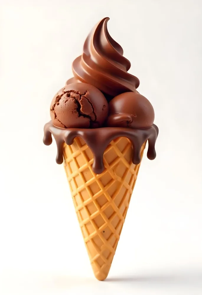 Ice Cream Cone With Three Scoops Of Chocolate Ice Cream Chocolate Syrup Dripping Down The Sides Waffle Cone White Background 8 9dc8