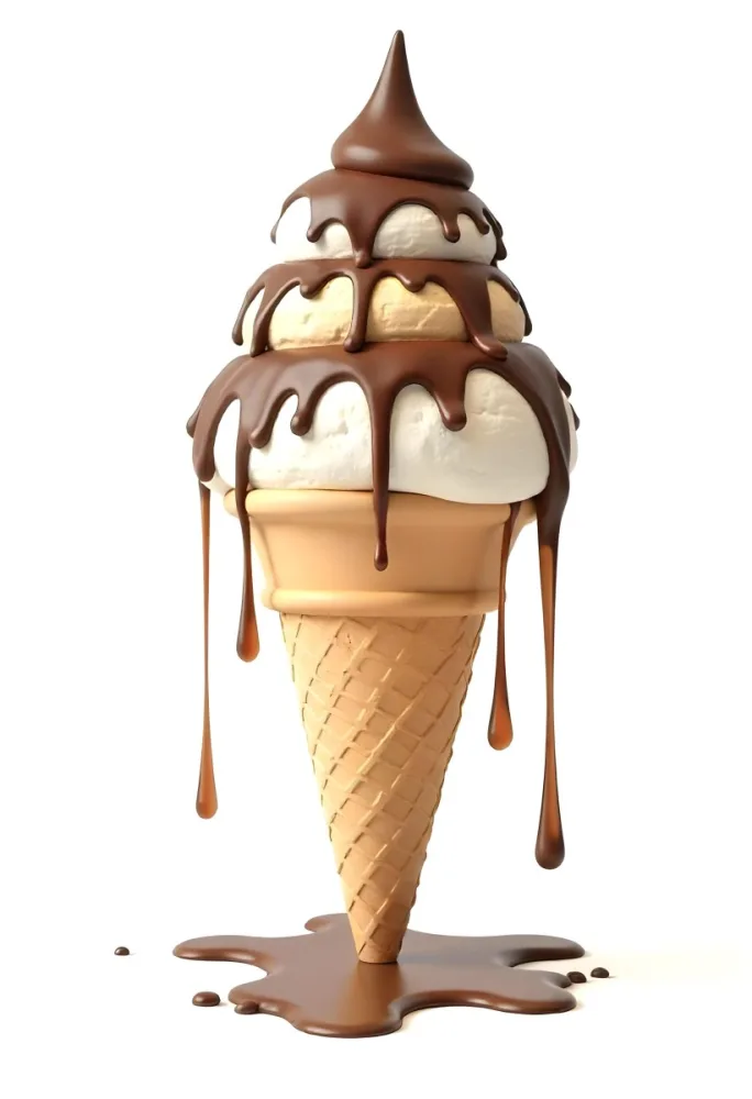 Ice Cream Cone With Three Scoops Of Chocolate Ice Cream Chocolate Syrup Dripping Down The Sides Waffle Cone White Background 9 5ee8