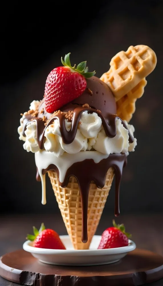 Ice Cream Cone With Waffle Cone Chocolate Ice Cream Chocolate Syrup Strawberries And Waffle Pieces On Top Dark Background 22 28c8