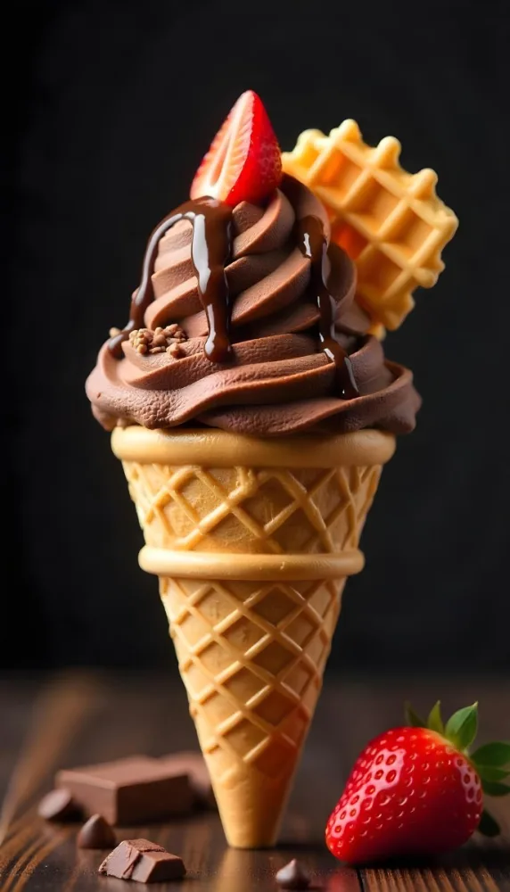 Ice Cream Cone With Waffle Cone Chocolate Ice Cream Chocolate Syrup Strawberries And Waffle Pieces On Top Dark Background 30 B7a2