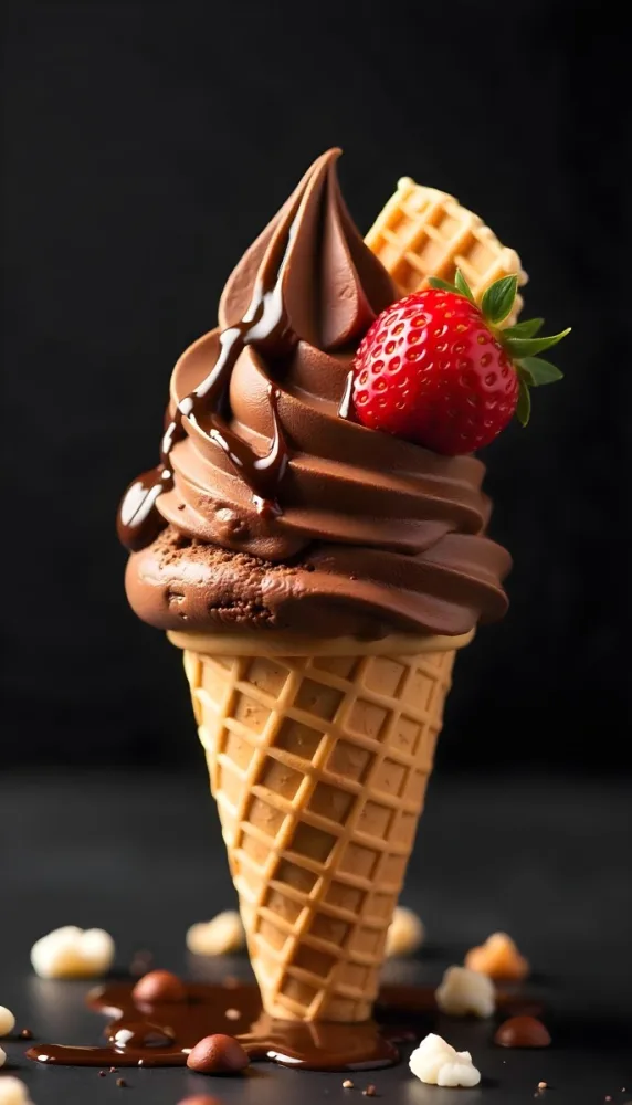 Ice Cream Cone With Waffle Cone Chocolate Ice Cream Chocolate Syrup Strawberries And Waffle Pieces On Top Dark Background 43 C940