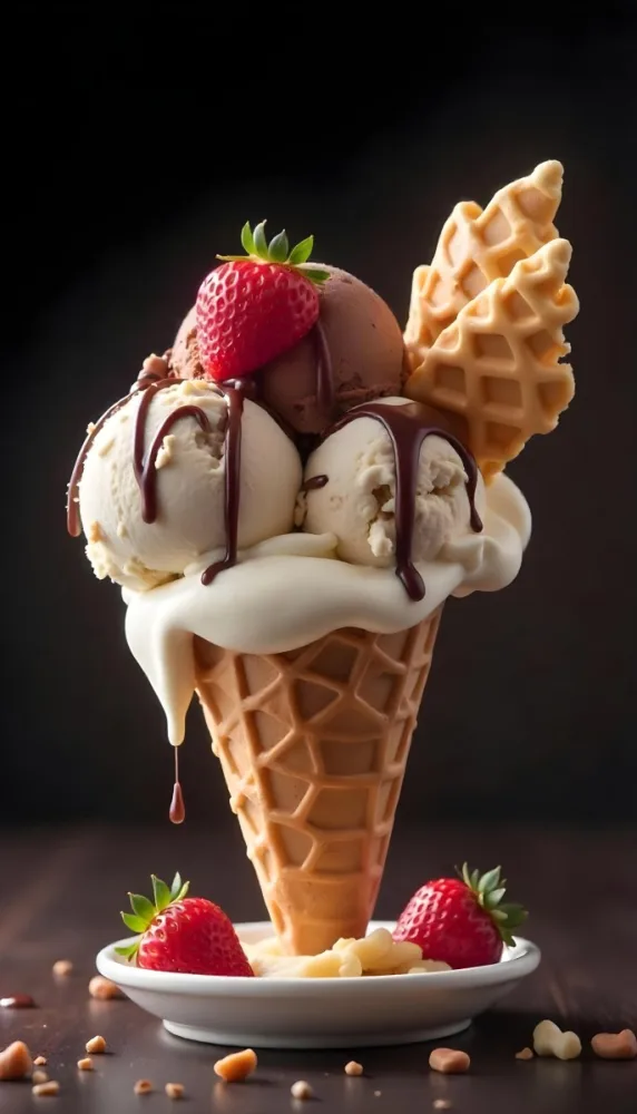 Ice Cream Cone With Waffle Cone Chocolate Ice Cream Chocolate Syrup Strawberries And Waffle Pieces On Top Dark Background 47 9d8c