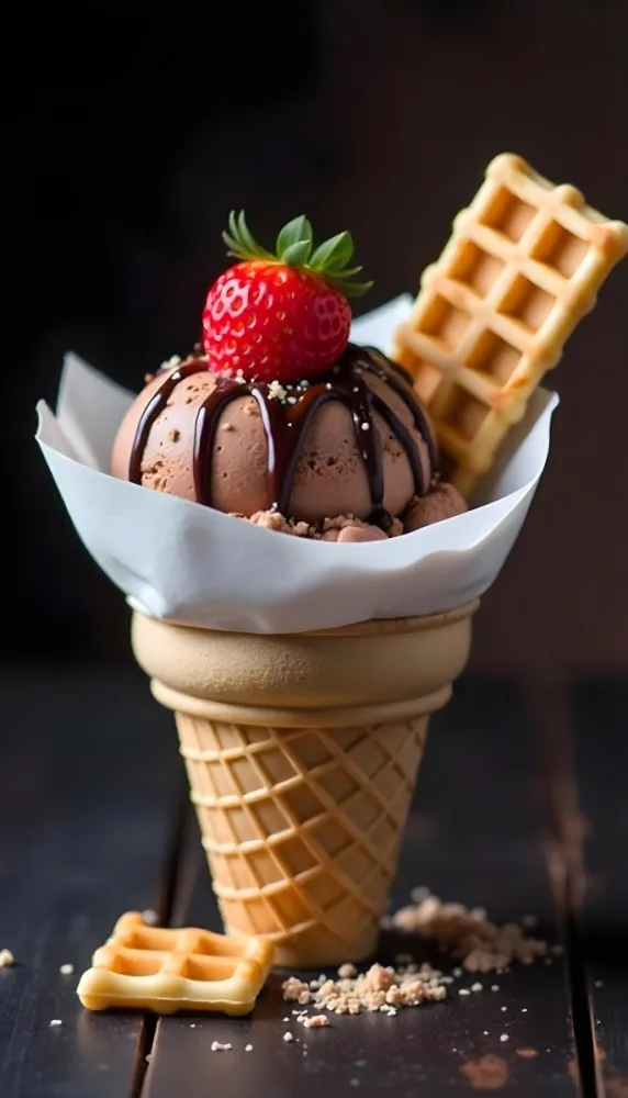 Ice Cream Cone With Waffle Cone Chocolate Ice Cream Chocolate Syrup Strawberries And Waffle Pieces On Top Dark Background 50 9171