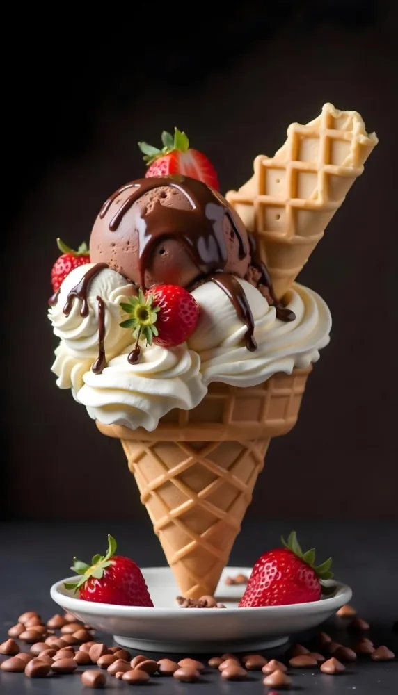 Ice Cream Cone With Waffle Cone Chocolate Ice Cream Chocolate Syrup Strawberries And Waffle Pieces On Top Dark Background 6 D385