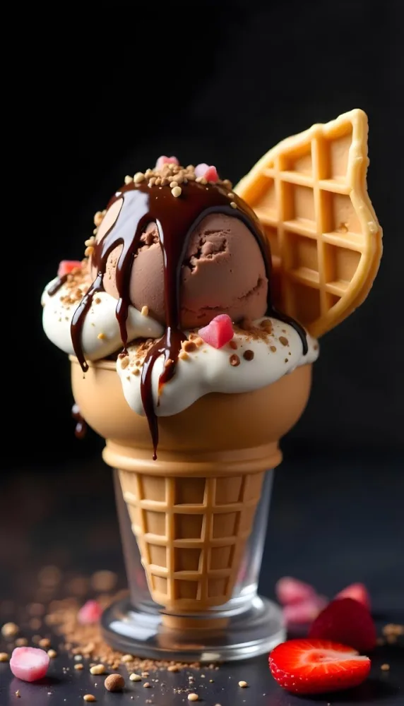 Ice Cream Cone With Waffle Cone Chocolate Ice Cream Chocolate Syrup Strawberries And Waffle Pieces On Top Dark Background 62 Baf8
