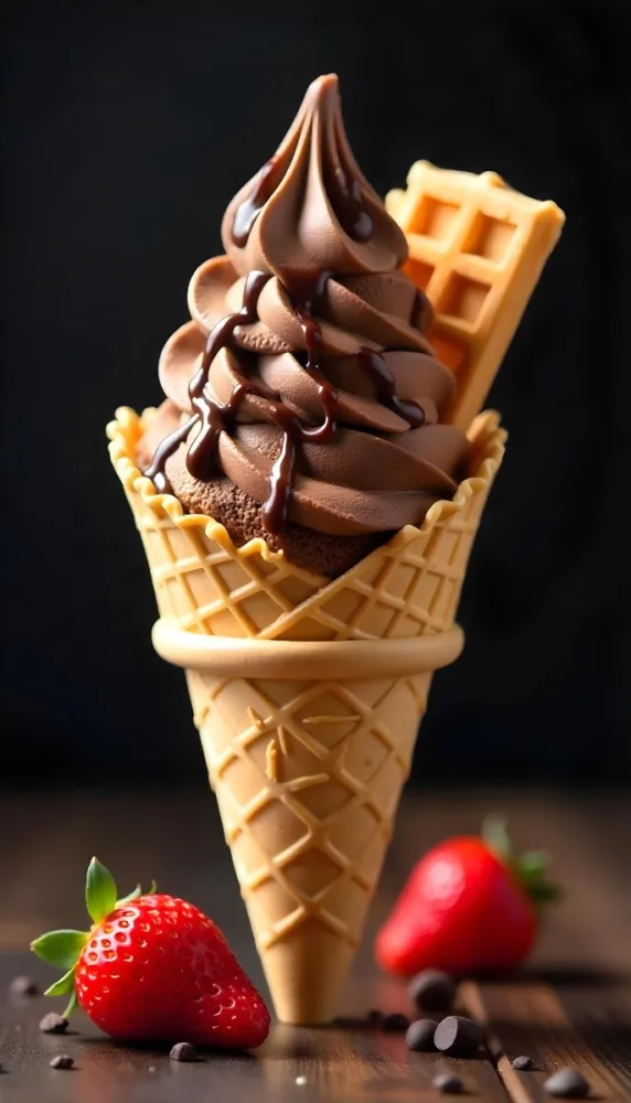 Ice Cream Cone With Waffle Cone Chocolate Ice Cream Chocolate Syrup Strawberries And Waffle Pieces On Top Dark Background 66 547e