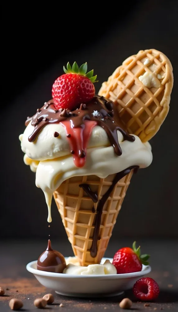 Ice Cream Cone With Waffle Cone Chocolate Ice Cream Chocolate Syrup Strawberries And Waffle Pieces On Top Dark Background 67 C03f