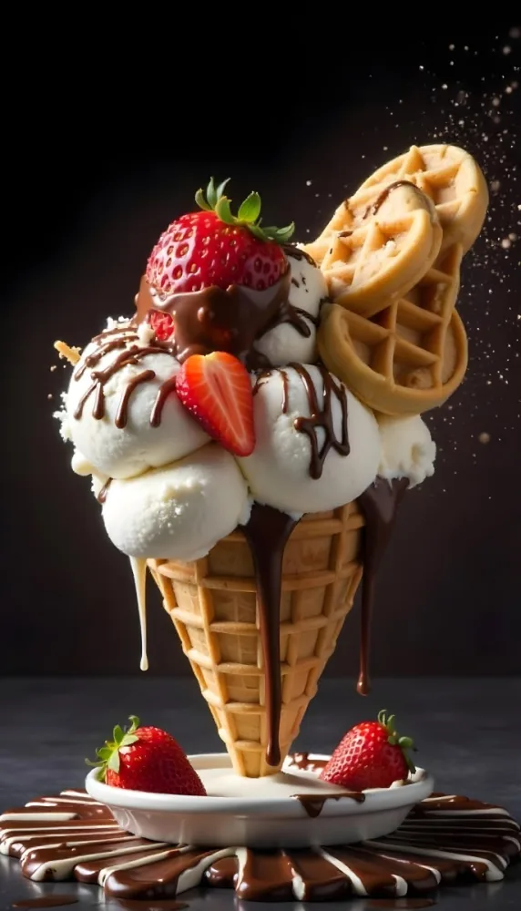 Ice Cream Cone With Waffle Cone Chocolate Ice Cream Chocolate Syrup Strawberries And Waffle Pieces On Top Dark Background 7 7127
