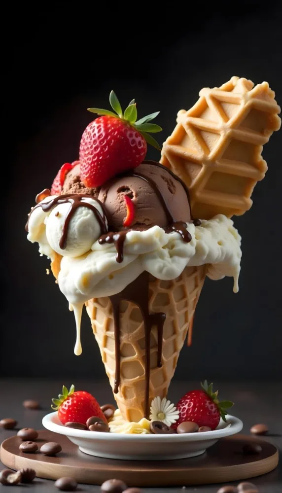 Ice Cream Cone With Waffle Cone Chocolate Ice Cream Chocolate Syrup Strawberries And Waffle Pieces On Top Dark Background 71 Dcf5
