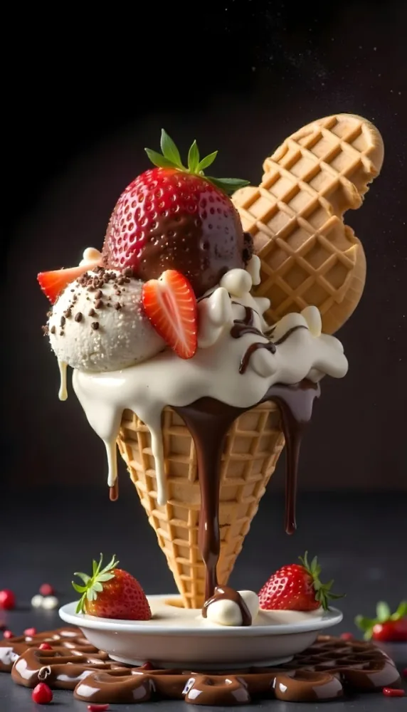 Ice Cream Cone With Waffle Cone Chocolate Ice Cream Chocolate Syrup Strawberries And Waffle Pieces On Top Dark Background 8 8991