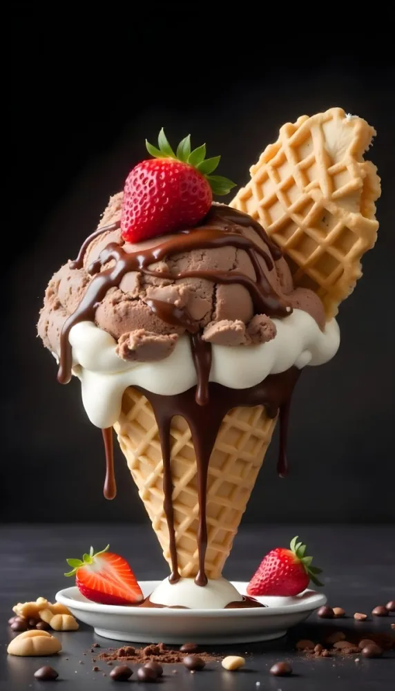 Ice Cream Cone With Waffle Cone Chocolate Ice Cream Chocolate Syrup Strawberries And Waffle Pieces On Top Dark Background 9 4464