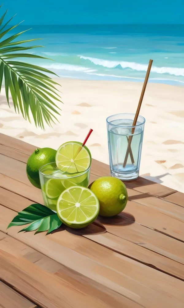 Oil Painting Green Palm Leaves Fresh Limes And A G 1 7062