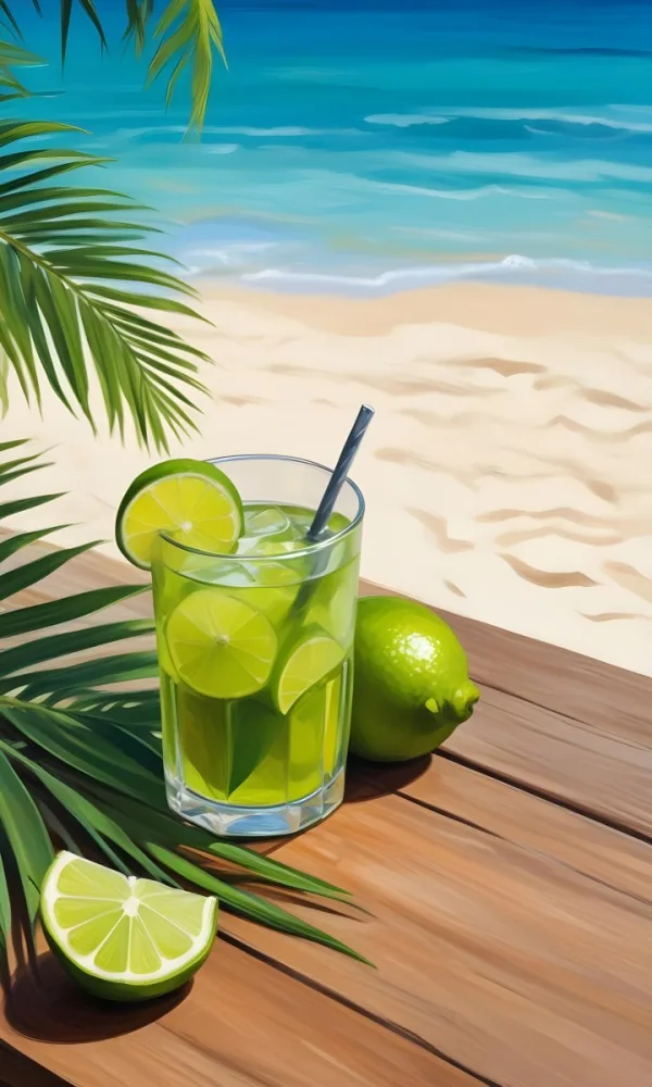 Oil Painting Green Palm Leaves Fresh Limes And A G 45 F8bf