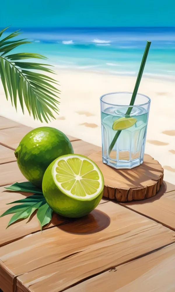 Oil Painting Green Palm Leaves Fresh Limes And A G 48 Ec83