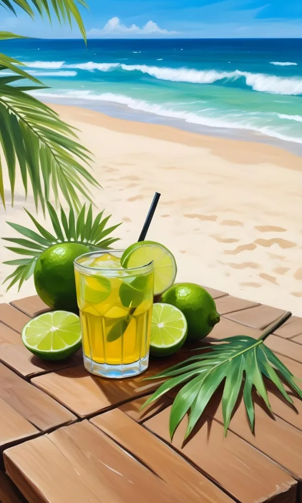 Oil Painting Green Palm Leaves Fresh Limes And A G 50 45f2