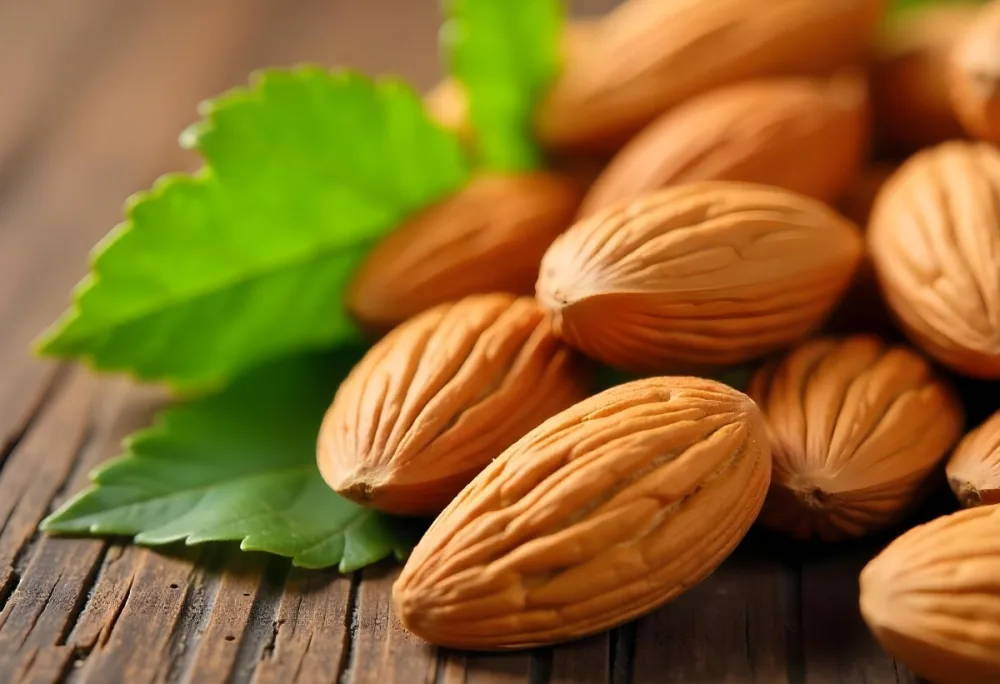 Pile Of Almonds With Green Leaves Close Up 5 1842
