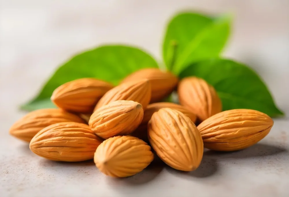 Pile Of Almonds With Green Leaves Close Up 6 21a5