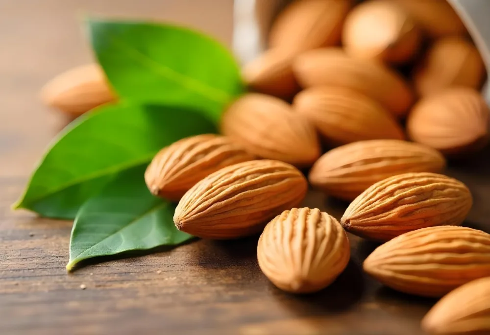 Pile Of Almonds With Green Leaves Close Up 7 64bf