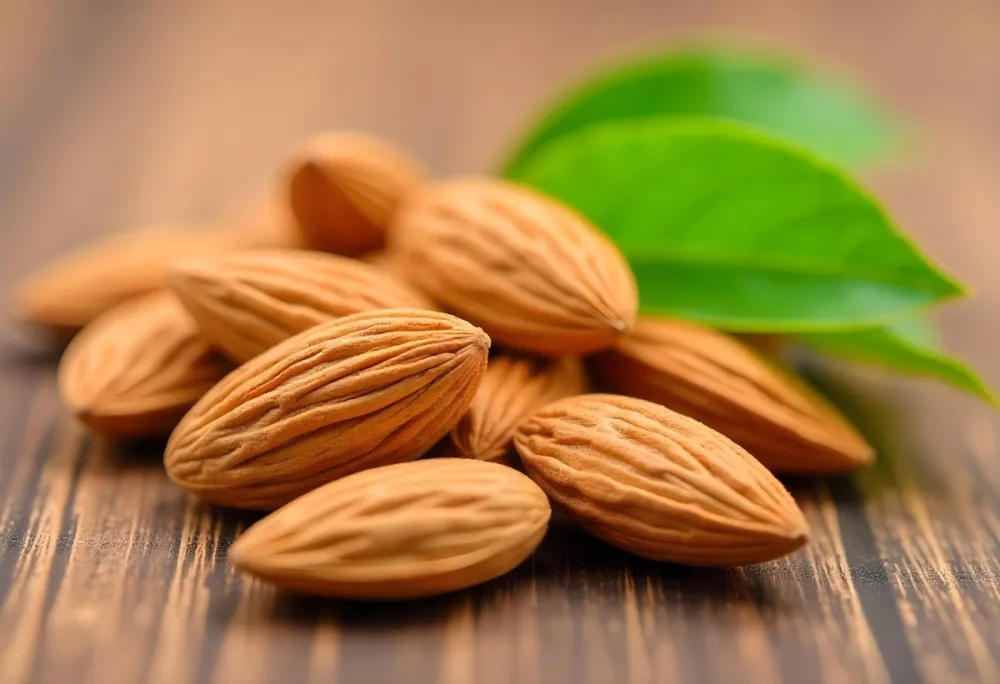 Pile Of Almonds With Green Leaves Close Up 8 A621